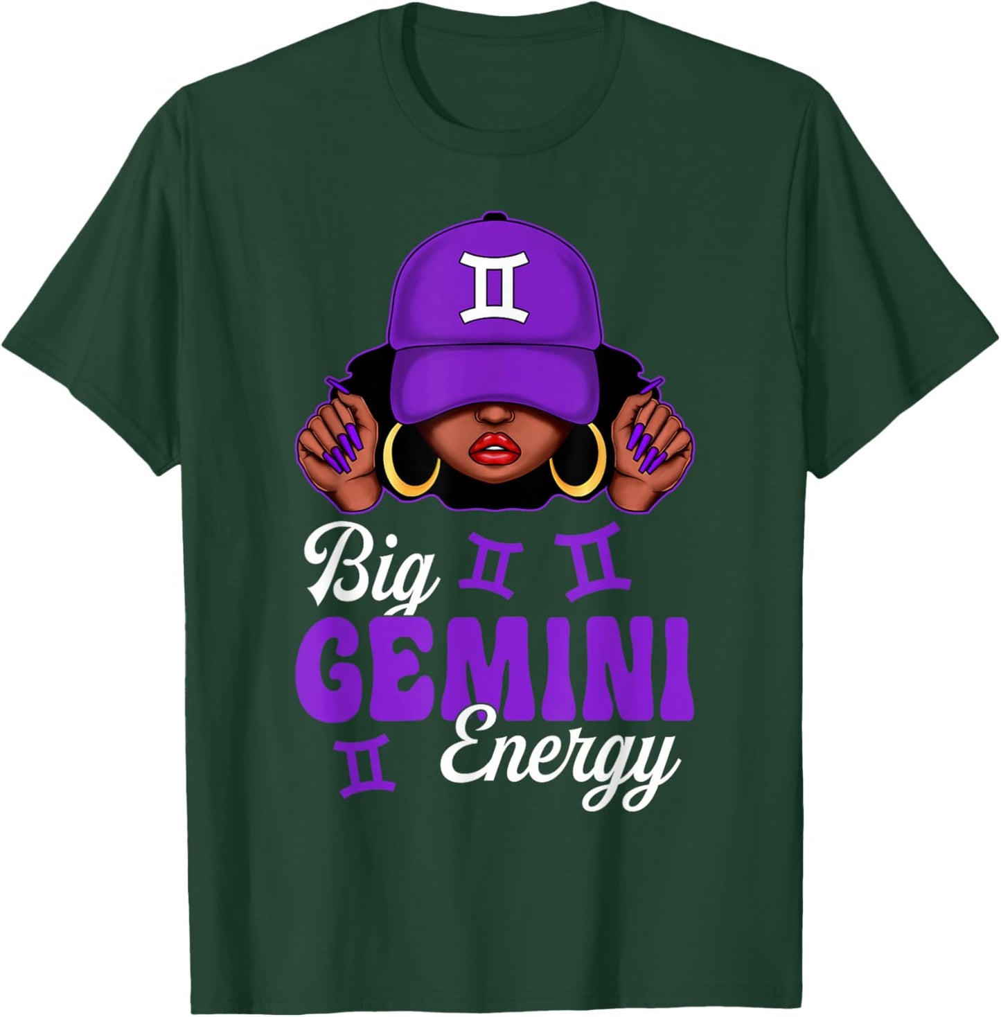Big Gemini Energy Black Woman Purple Cap Zodiac Sign T-Shirt - T-Shirt | Forest