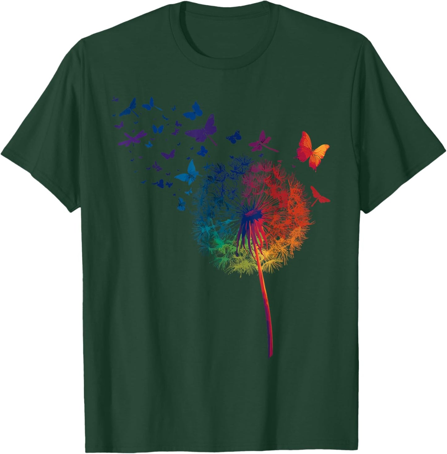 Rainbow Dandelion Spring Wildflower Minimalist Dragonfly T-Shirt - T-Shirt | Forest