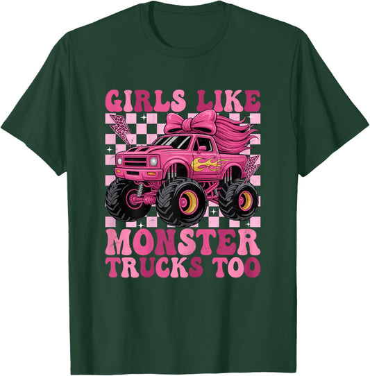 Girls Like Monster Trucks Too Retro Monster Truck Girls T-Shirt - T-Shirt | Forest
