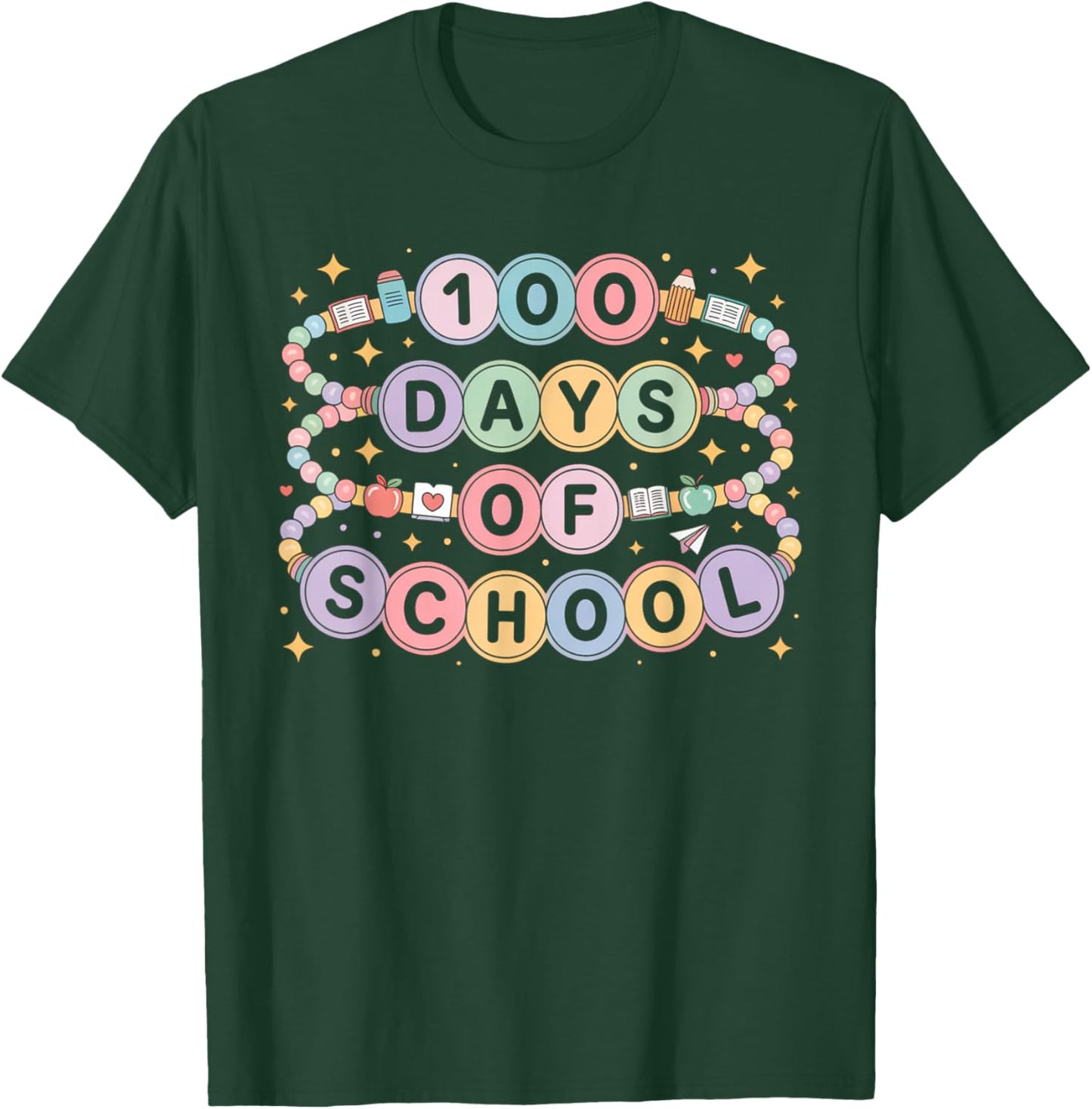 Cute 100 Days of School Beaded Bracelet Teacher Student T-Shirt - T-Shirt | Forest