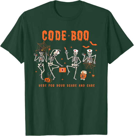Code Boo Here for Your Scare and Care Nursing Halloween T-Shirt - T-Shirt | Forest