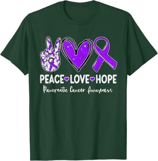 Peace Love Hope Pancreatic Cancer Awareness Ribbon Purple T-Shirt - T-Shirt | Forest