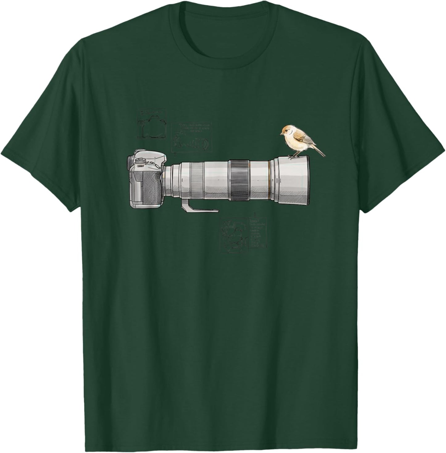 Bird Telephoto Buddy Camera & Perched Songbird Sketch T-Shirt - T-Shirt | Forest
