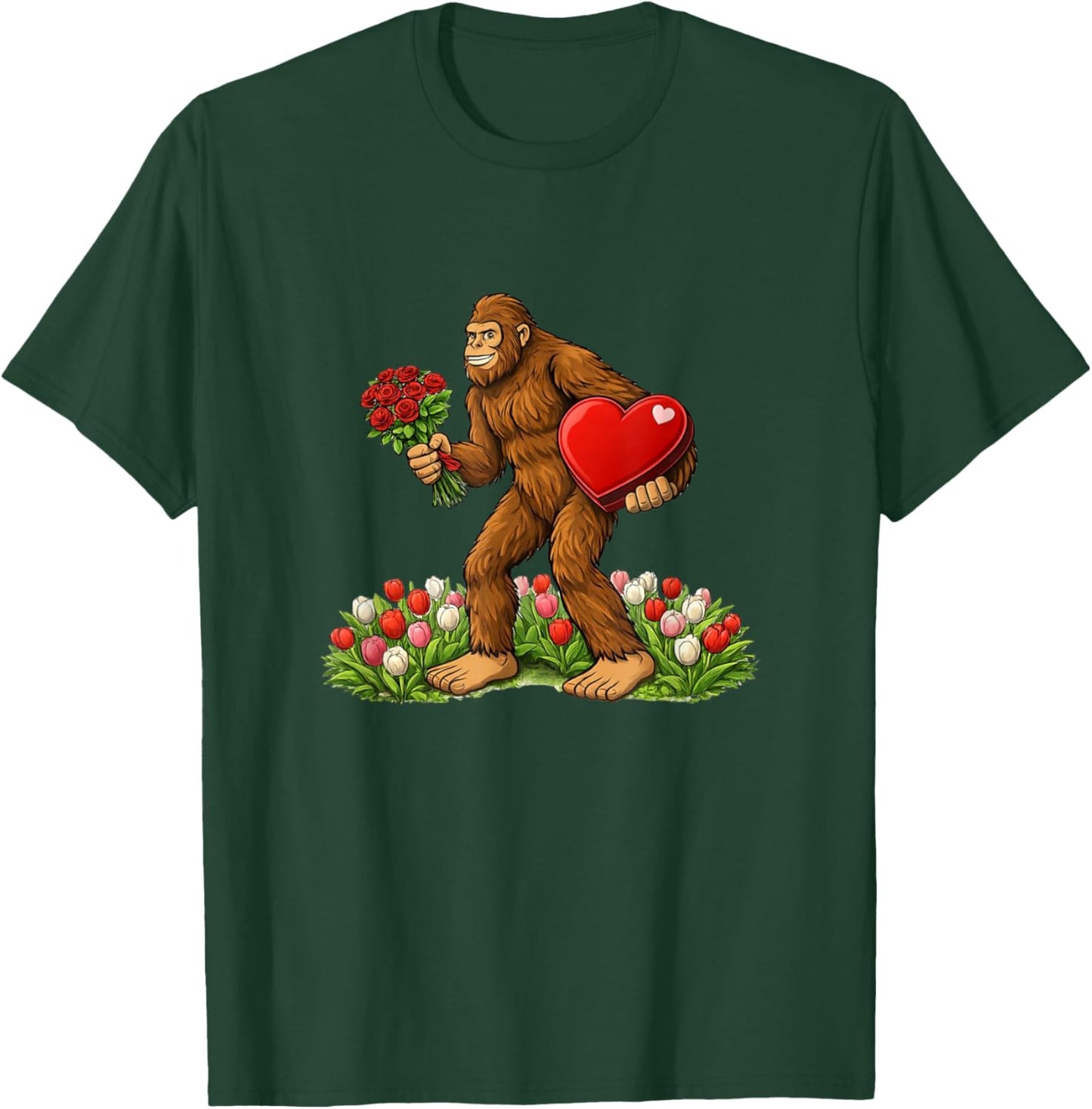 Valentines Day Bigfoot with Flowers and a Chocolate Heart T-Shirt - T-Shirt | Forest