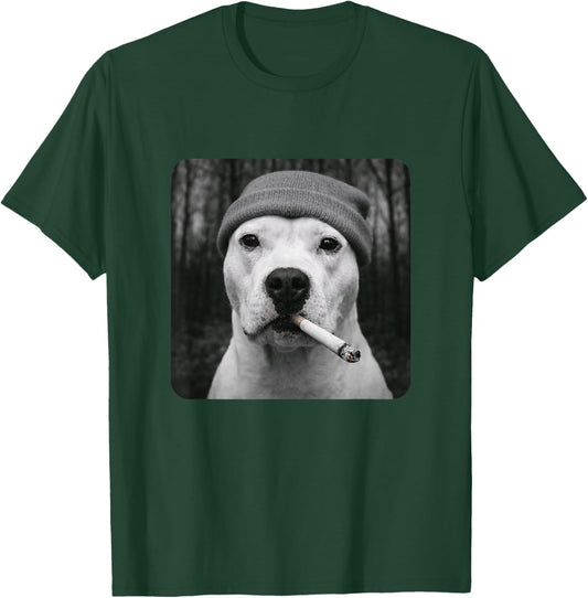 Funny Smoking White Pitbull Dog Meme Cigarette Grunge Beanie T-Shirt - T-Shirt | Forest