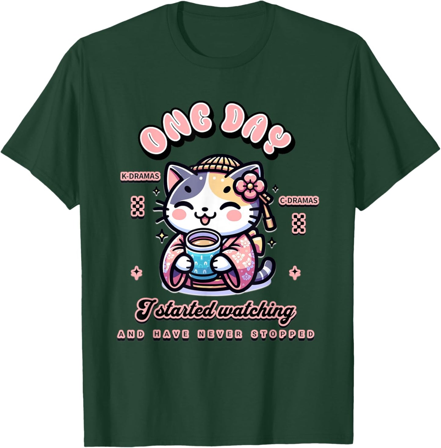 Cute Cat Watching K-Dramas and C-Dramas T-Shirt - T-Shirt | Forest