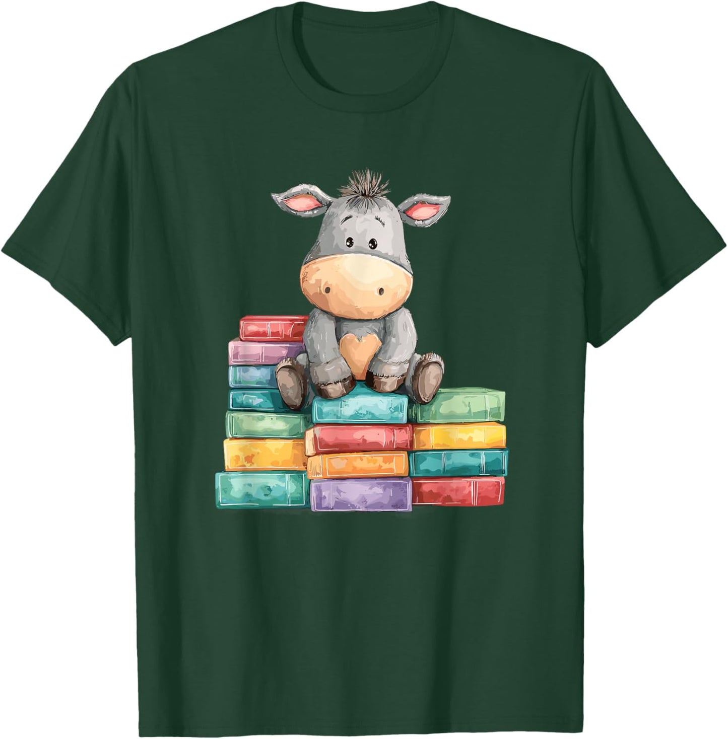Adorable Donkey with Heart Sitting On Colorful Book Stack T-Shirt - T-Shirt | Forest