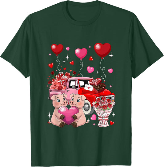 Couple Pigs Pickup Truck Carrying Flowers Valentine Hearts T-Shirt - T-Shirt | Forest