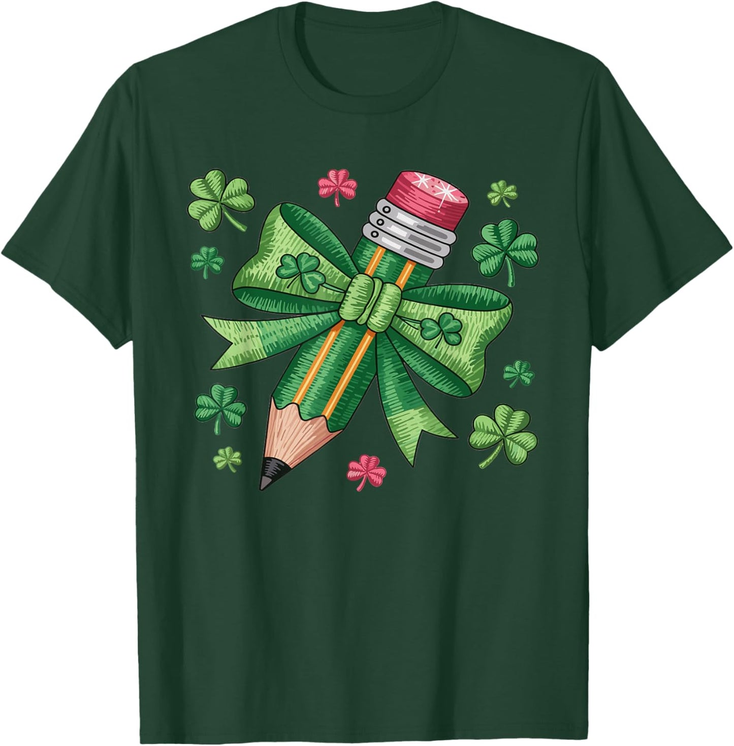 Teacher St. Patrick’s Day Pencil with Bow Shamrock Graphic T-Shirt - T-Shirt | Forest