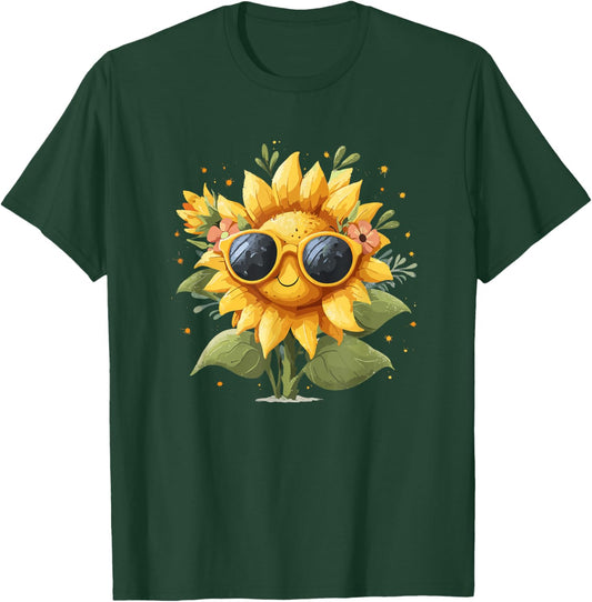 Smiling Sunflower with Sunglasses Cute Summer Bloom T-Shirt - T-Shirt | Forest