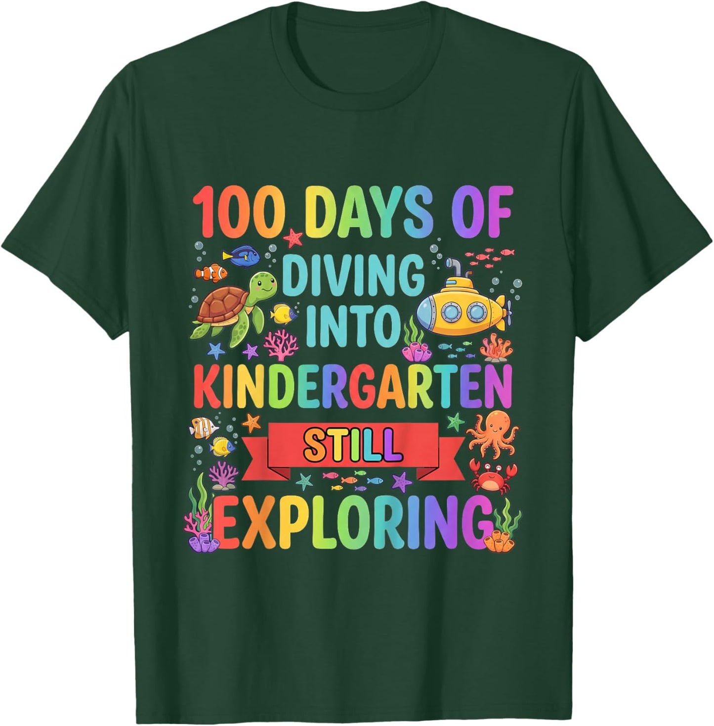 Kids 100 Day of School Diving Into Kindergarten Ocean Animals Art T-Shirt - T-Shirt | Forest
