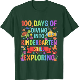 Kids 100 Day of School Diving Into Kindergarten Ocean Animals Art T-Shirt - T-Shirt | Forest