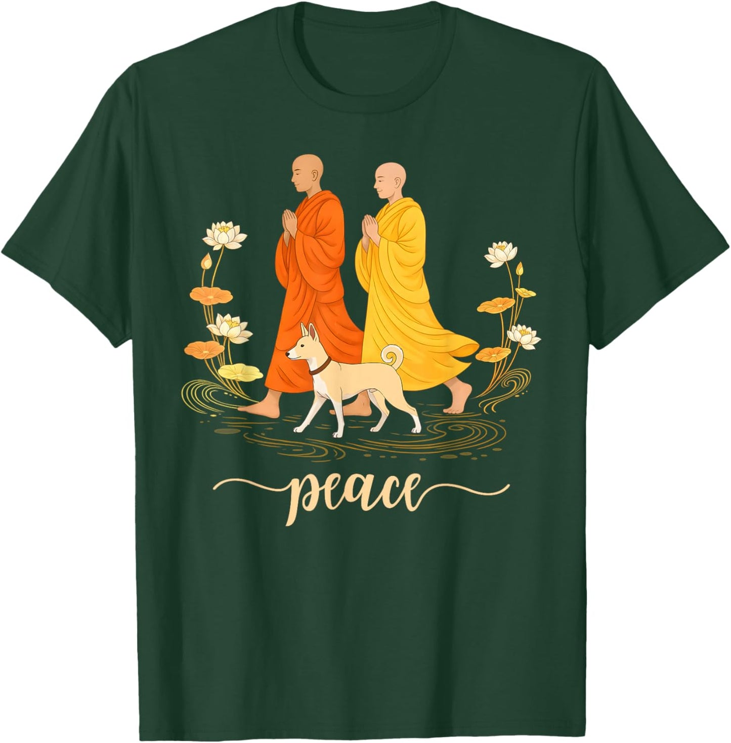 Walk for Peace Monk and Faithful Dog Zen Calm Minimalist Art T-Shirt - T-Shirt | Forest