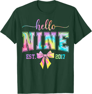 Hello Nine EST 2017 9th Birthday Coquette 9 Year Old Girl T-Shirt - T-Shirt | Forest