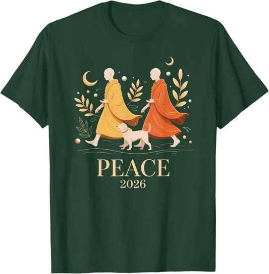 Walk Peace 2026 World Peace Monks with Aloka Dog T-Shirt - T-Shirt | Forest
