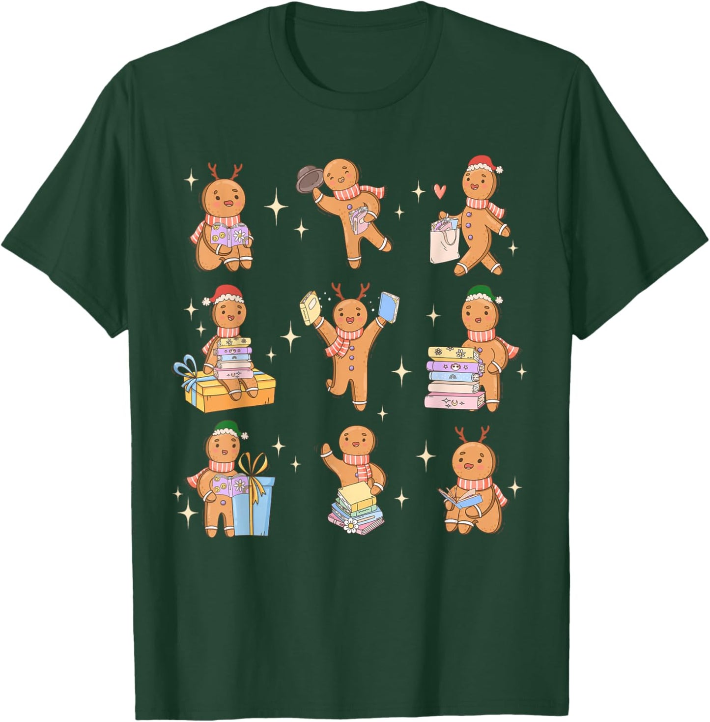 Christmas Cookies Gingerbread Reading Books Santa Reindeer T-Shirt - T-Shirt | Forest