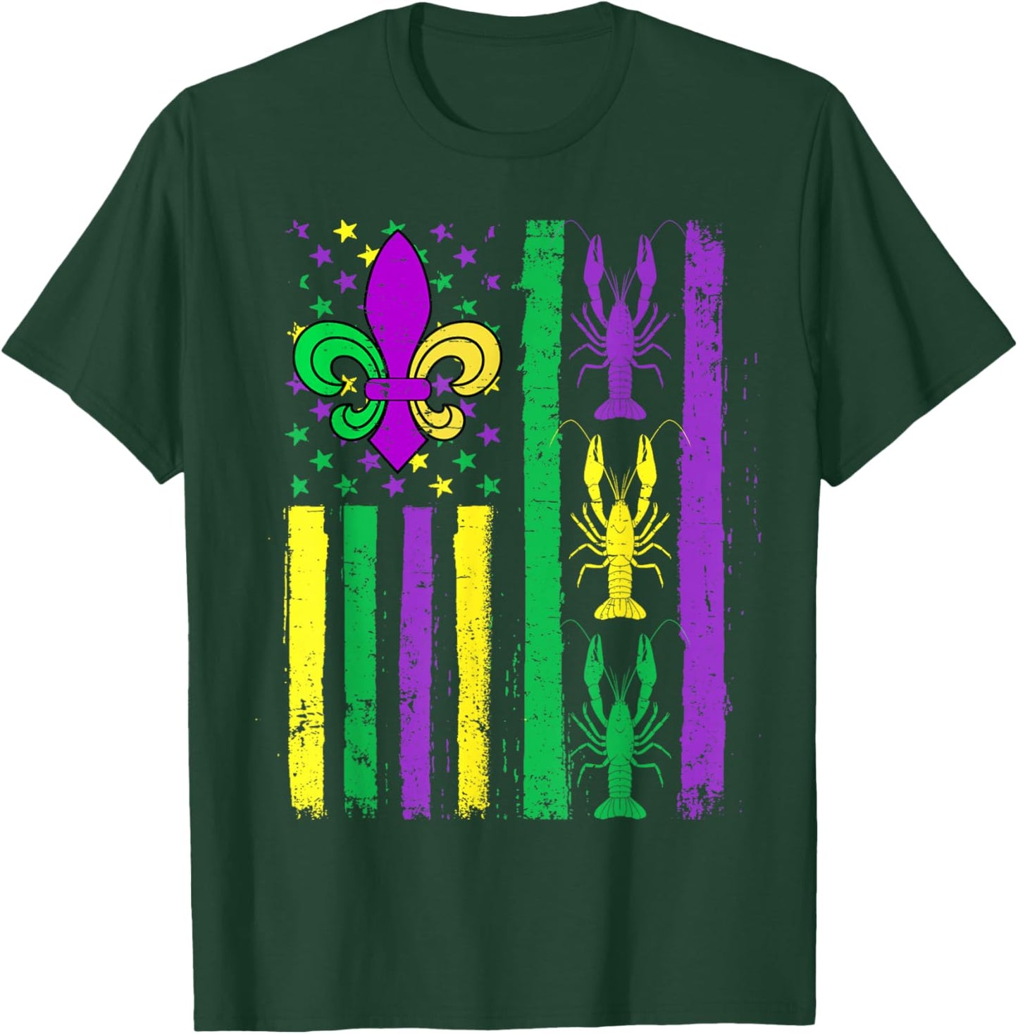 Mardi Gras USA American Flag Crawfish Fleur De Lis Carnival T-Shirt - T-Shirt | Forest