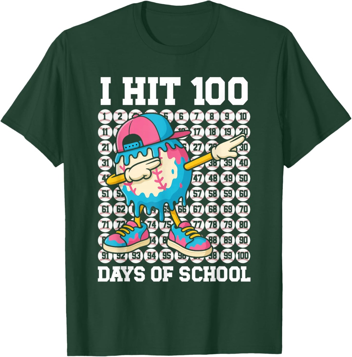 I Hit 100 Days of School Baseball Ice Cream Drip Boys Girls T-Shirt - T-Shirt | Forest