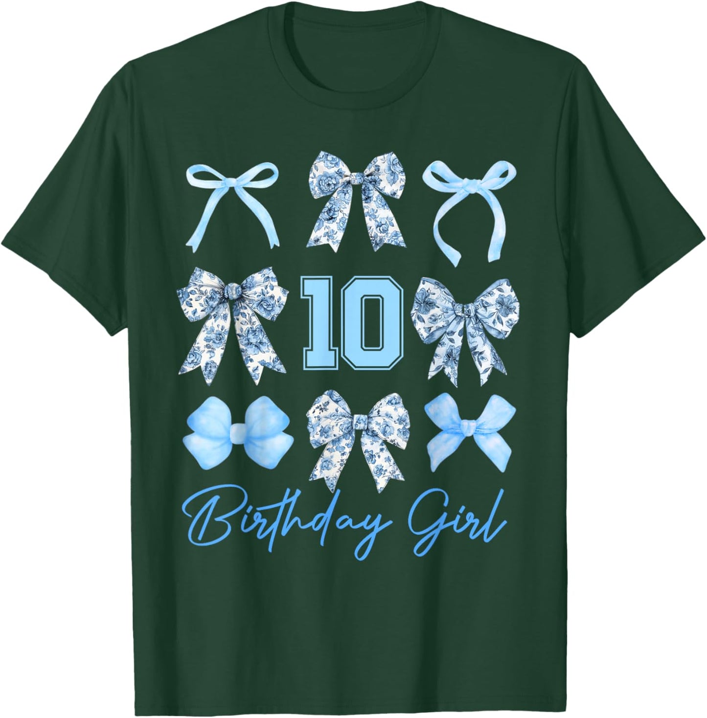 10th Birthday Girl Blue Toile Coquette Bow 10 Year Old T-Shirt - T-Shirt | Forest