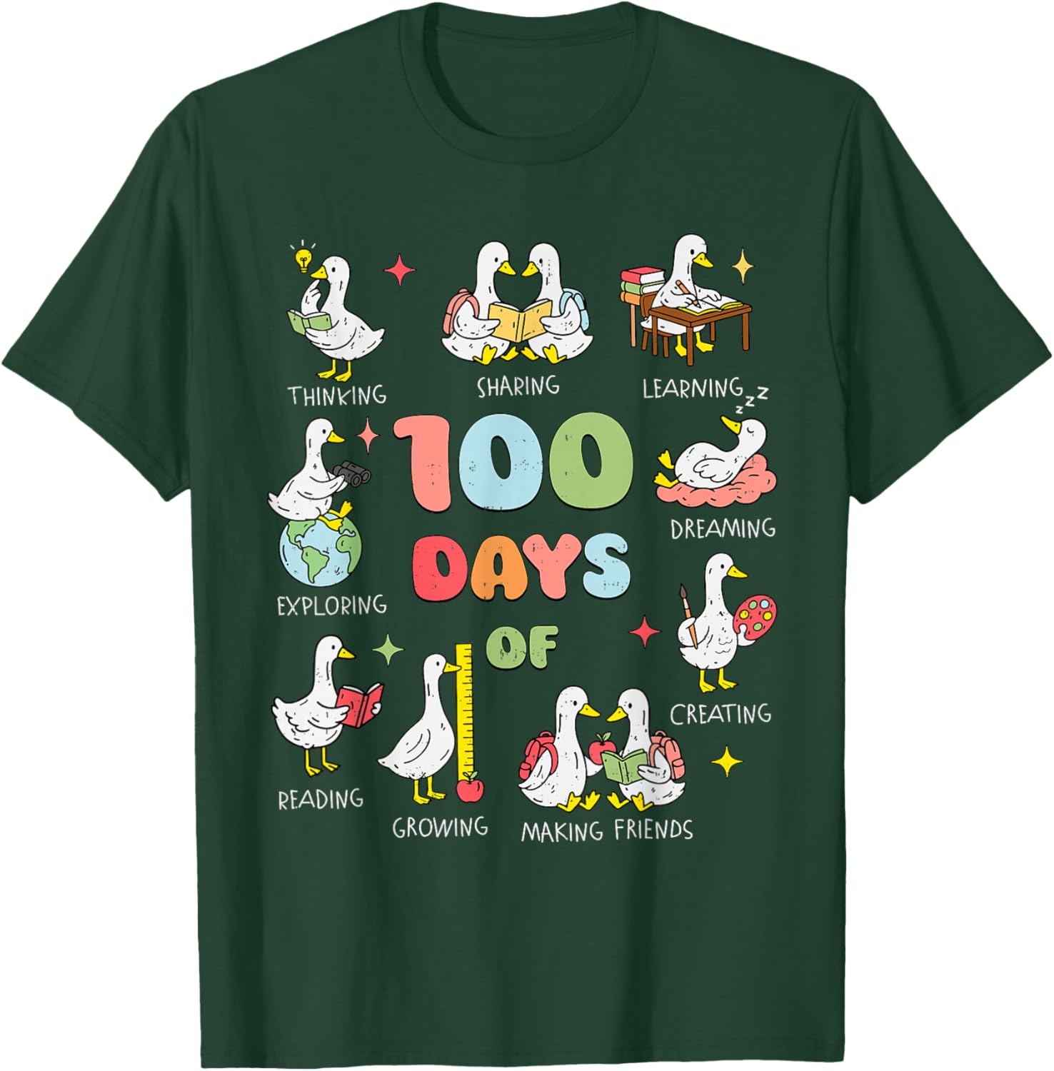 Happy 100 Days of School Girl Kids Goose 100th Day of School T-Shirt - T-Shirt | Forest