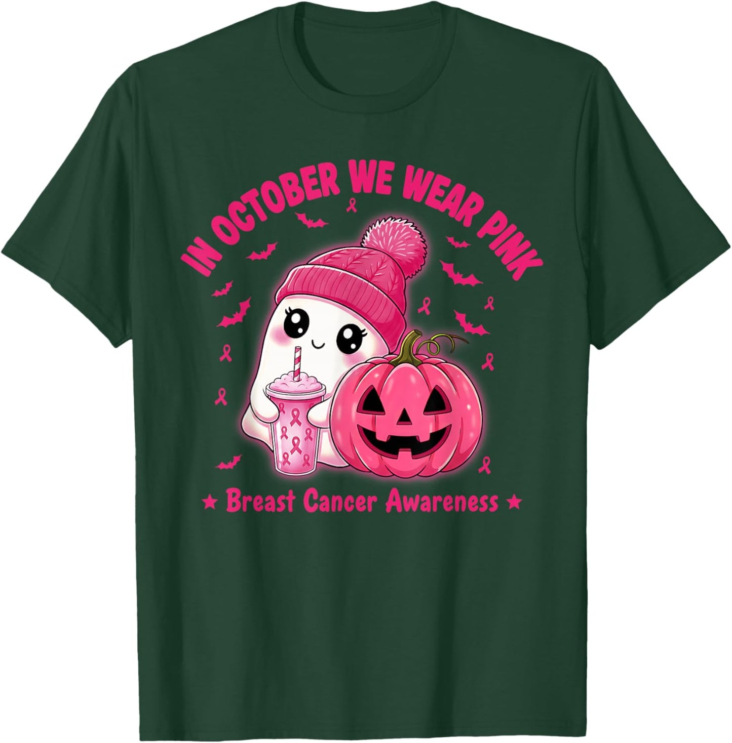 in October We Wear Pink Cute Ghost Breast Cancer Awareness T-Shirt - T-Shirt | Forest