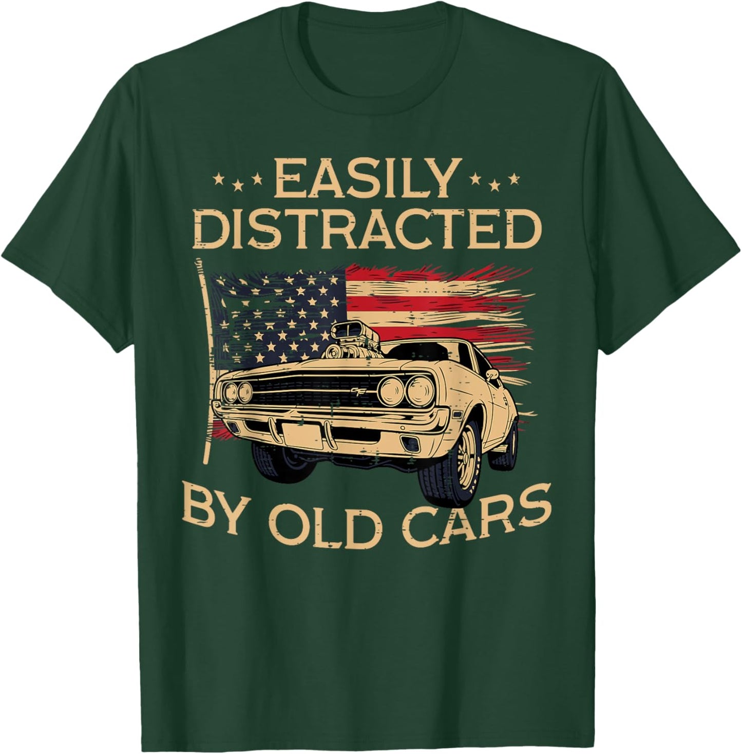 Easily Distracted by Old Cars US Flag Vintage Patriotic Men T-Shirt - T-Shirt | Forest