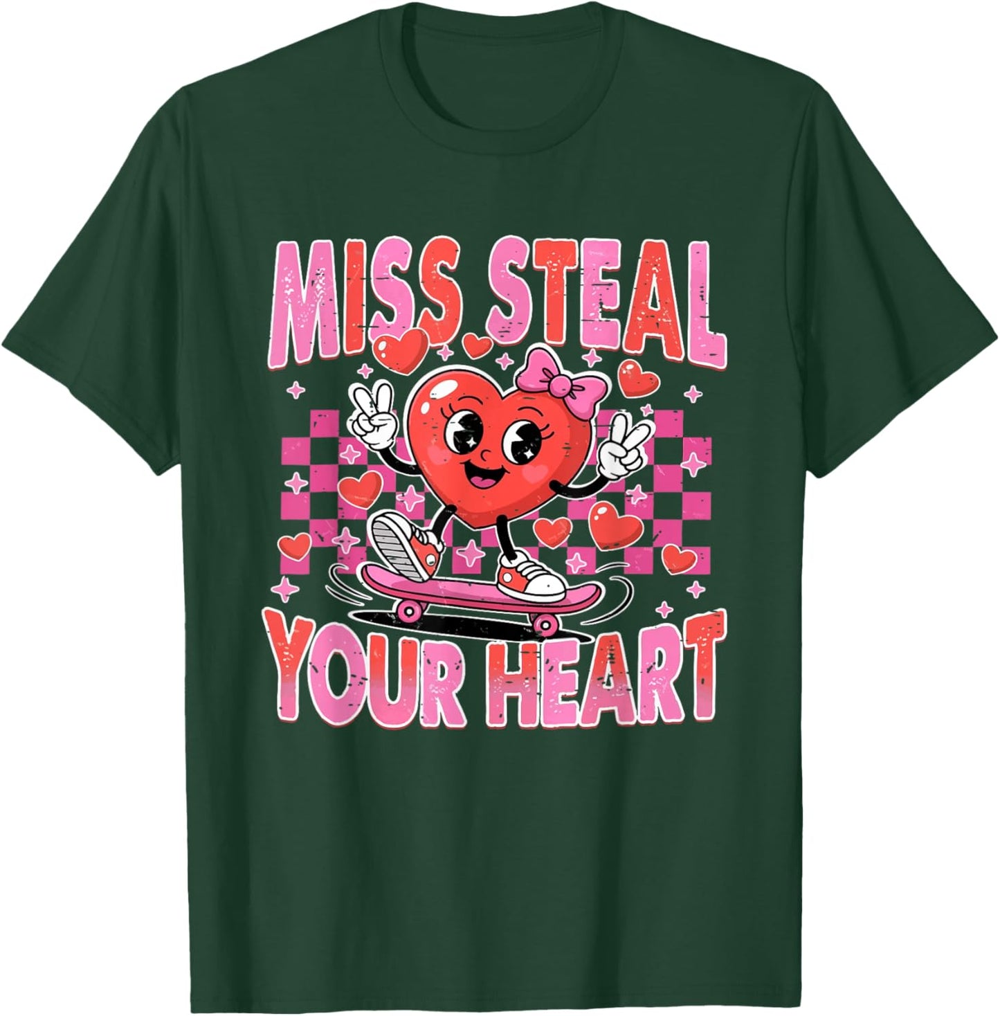 Retro Checkered Miss Steal Your Heart Cute Skating Valentine T-Shirt - T-Shirt | Forest