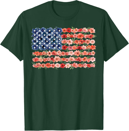 Floral American Flag Flowers Wildflowers 4th of July T-Shirt - T-Shirt | Forest