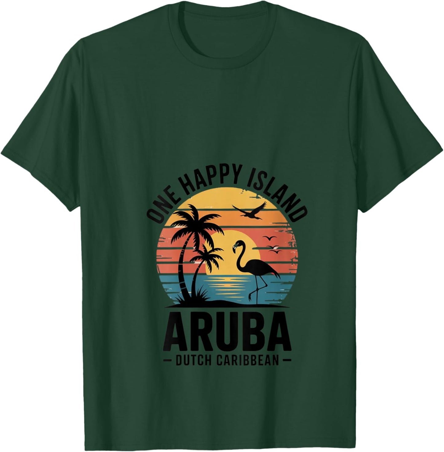 Women's Aruba One Happy Island Flamingo Sunset Retro Vintage Beach V-Neck T-Shirt - T-Shirt | Forest