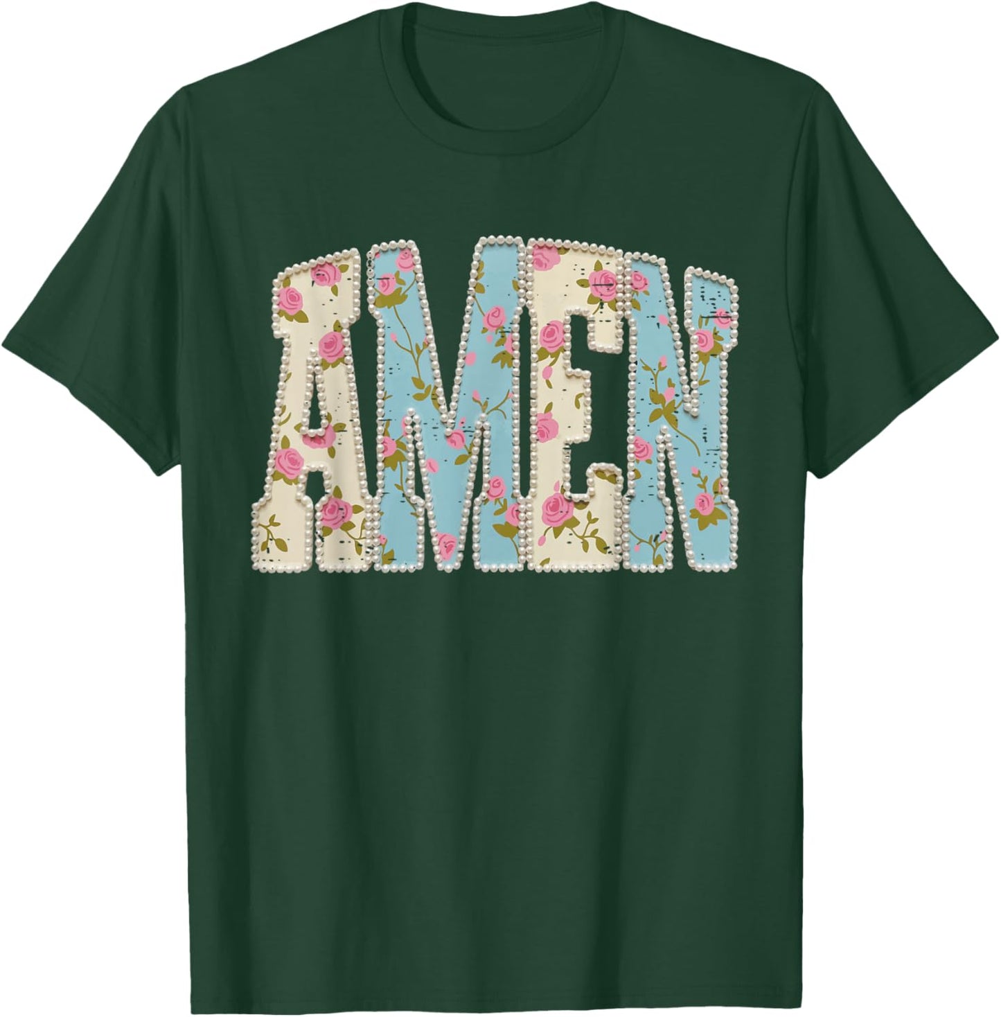 Retro Boho Floral Amen Pearls Religious Christian Easter Day T-Shirt - T-Shirt | Forest