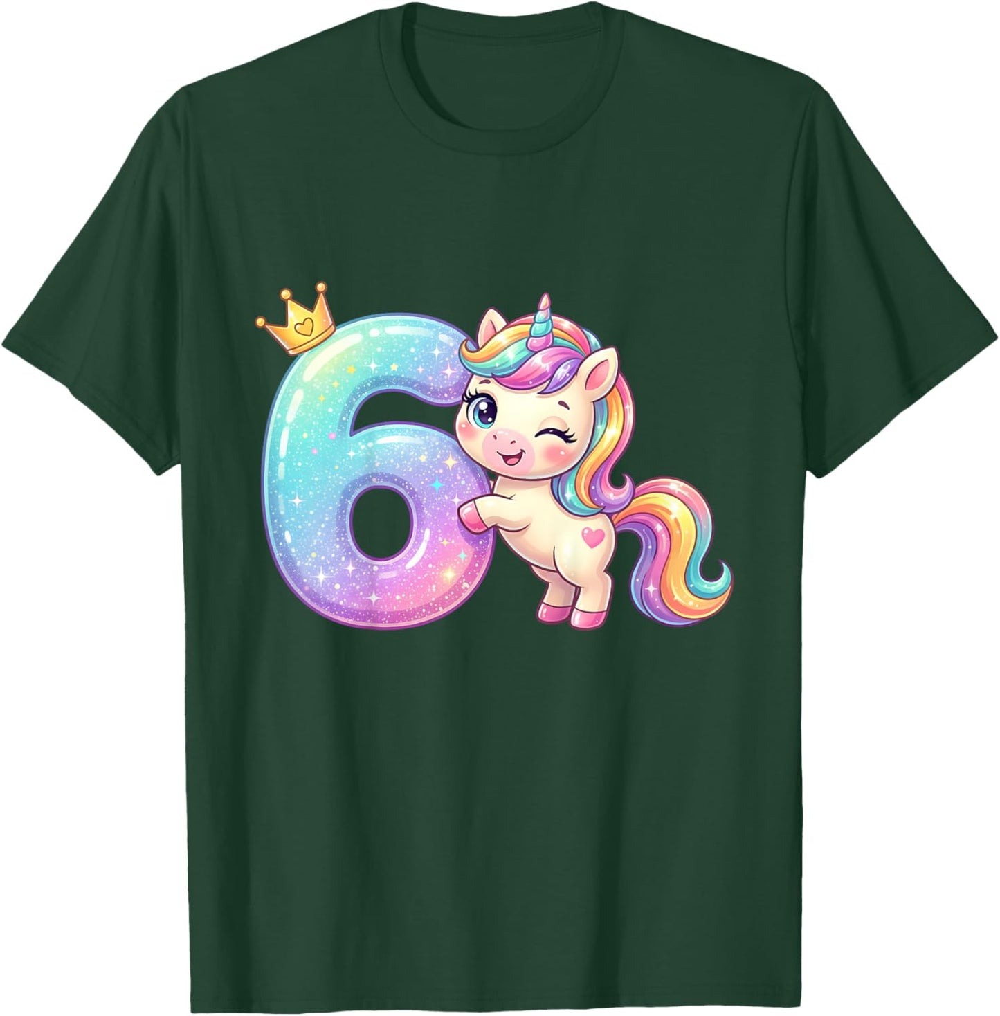 6th Birthday Girl Kawaii Rainbow Unicorn Crown T-Shirt - T-Shirt | Forest