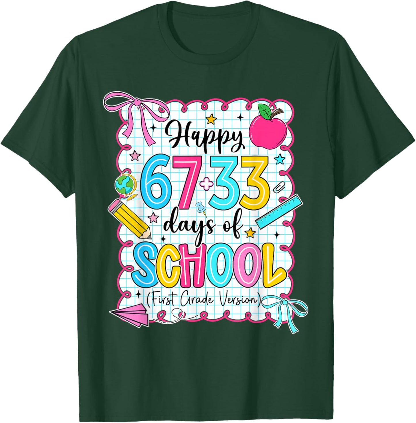 Happy 67+33 Days of School Coquette 100 Days 1st Grade T-Shirt - T-Shirt | Forest