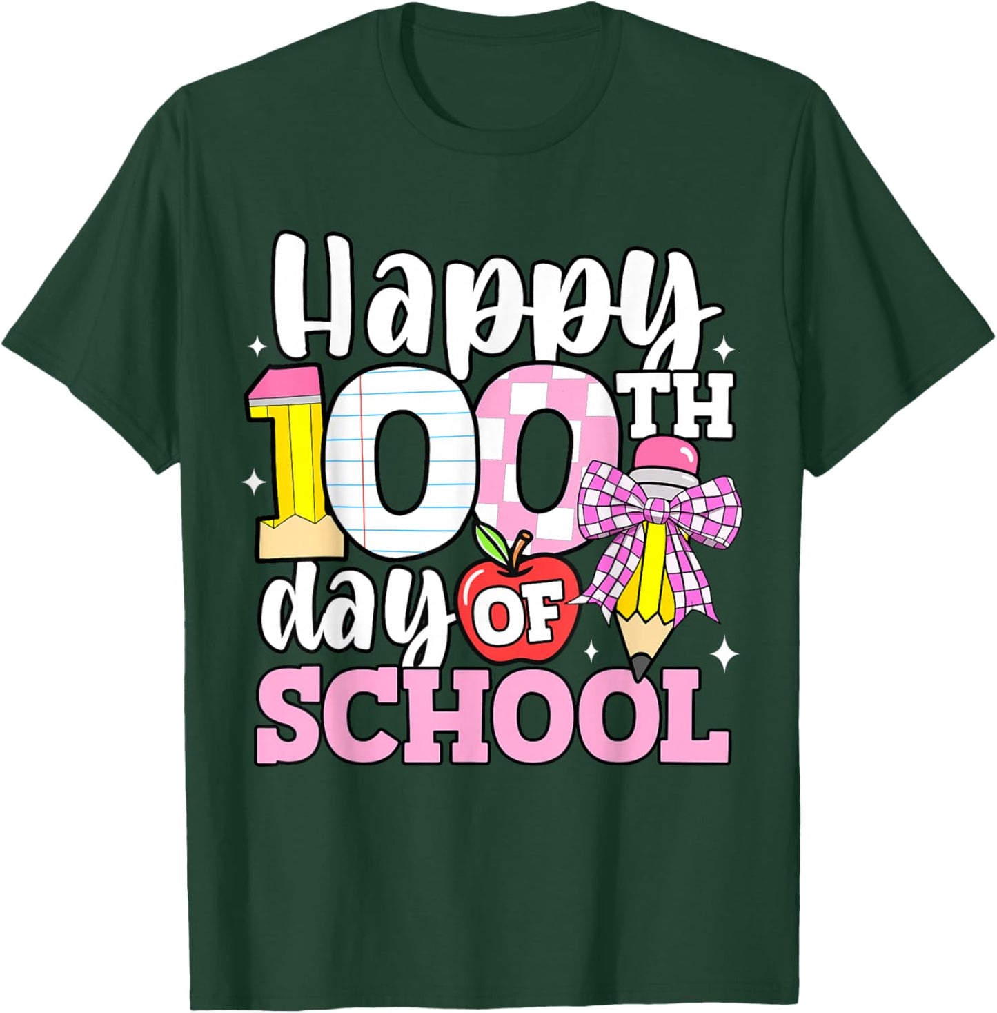 Happy 100 Days of School Teacher 100th Day Bow Girls Kids T-Shirt - T-Shirt | Forest