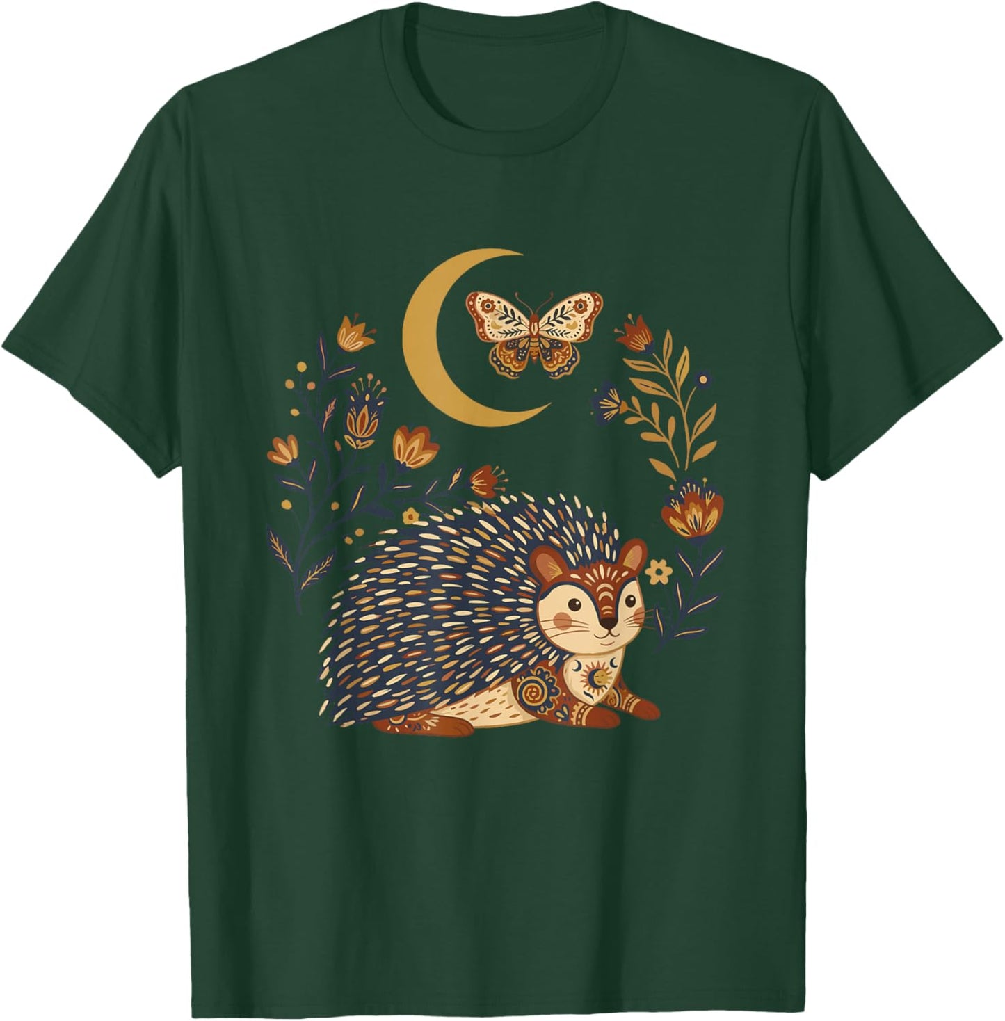 Boho Celestial Porcupine Moon Floral T-Shirt - T-Shirt | Forest