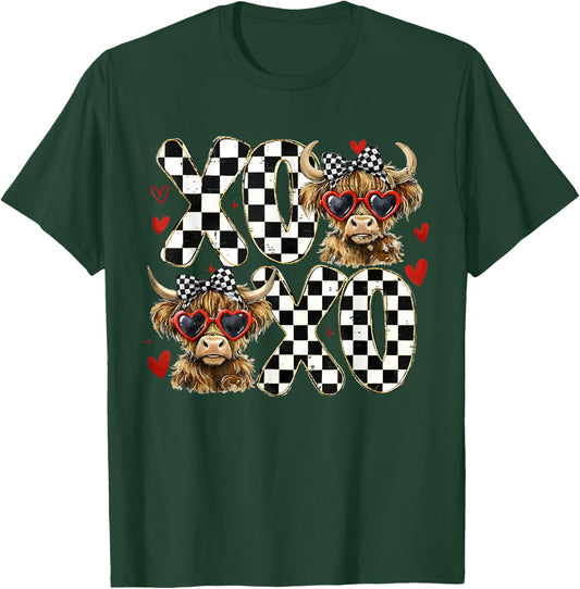 Retro Checkered Coquette Highland Cow XOXO Western Valentine T-Shirt - T-Shirt | Forest
