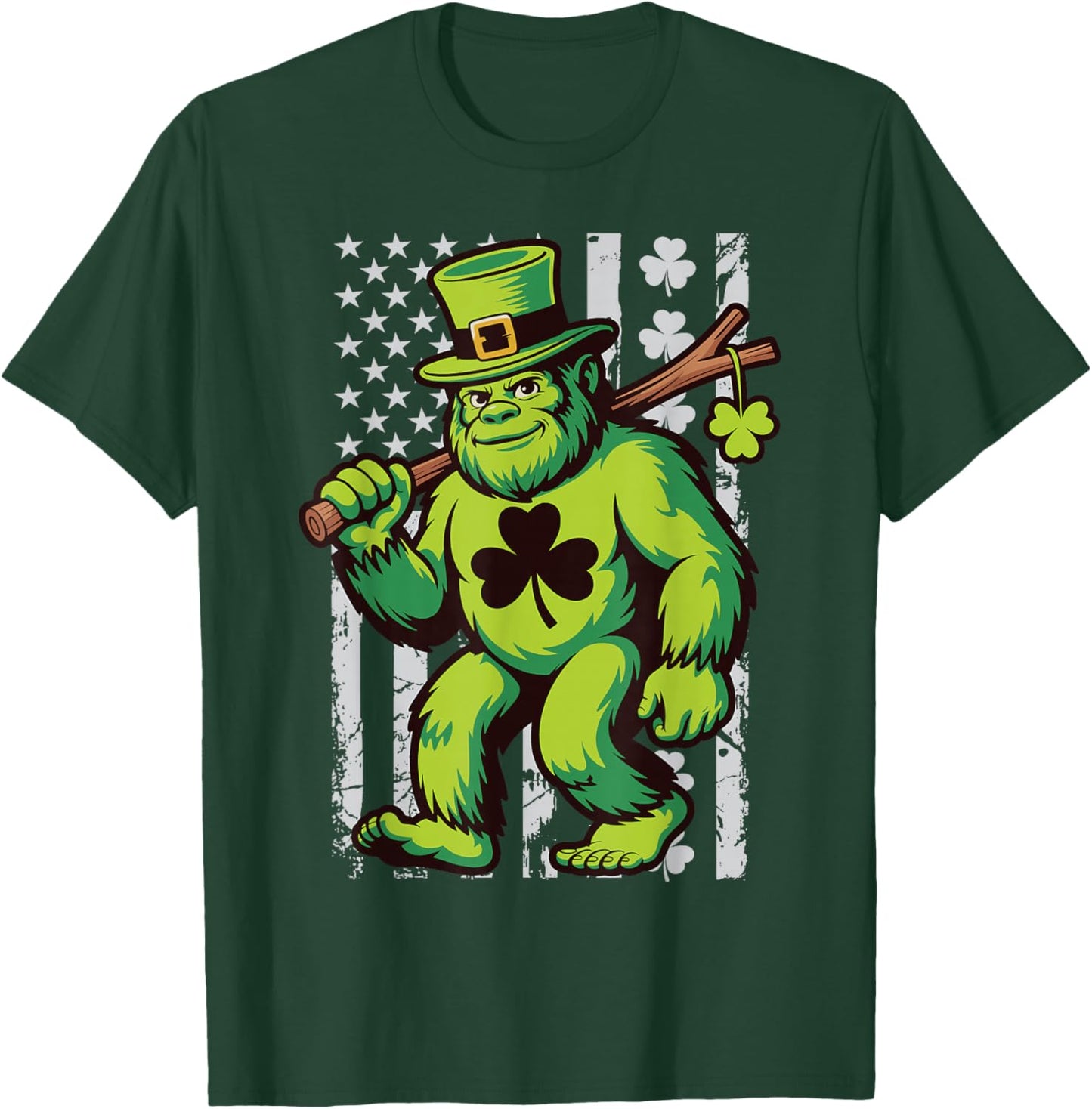St Patricks Day Bigfoot American Flag USA Shamrocks Vintage T-Shirt - T-Shirt | Forest