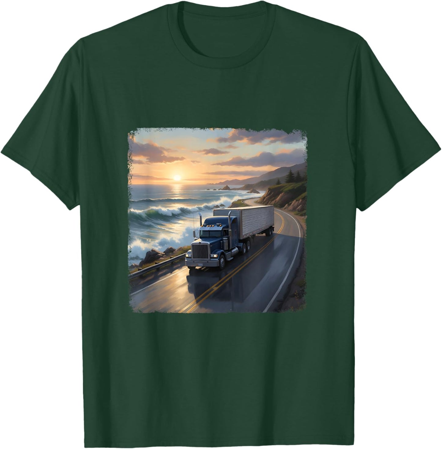 Coastline Sunrise Trucker Truck Driver Truck Lover Highway T-Shirt - T-Shirt | Forest
