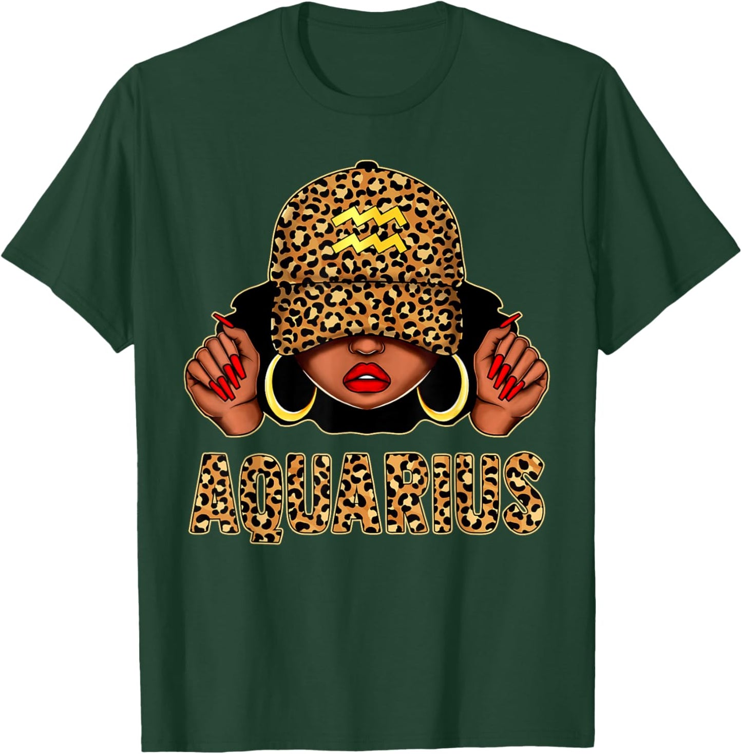 Aquarius Black Woman Leopard Cap Hat Zodiac Sign Birthday T-Shirt - T-Shirt | Forest