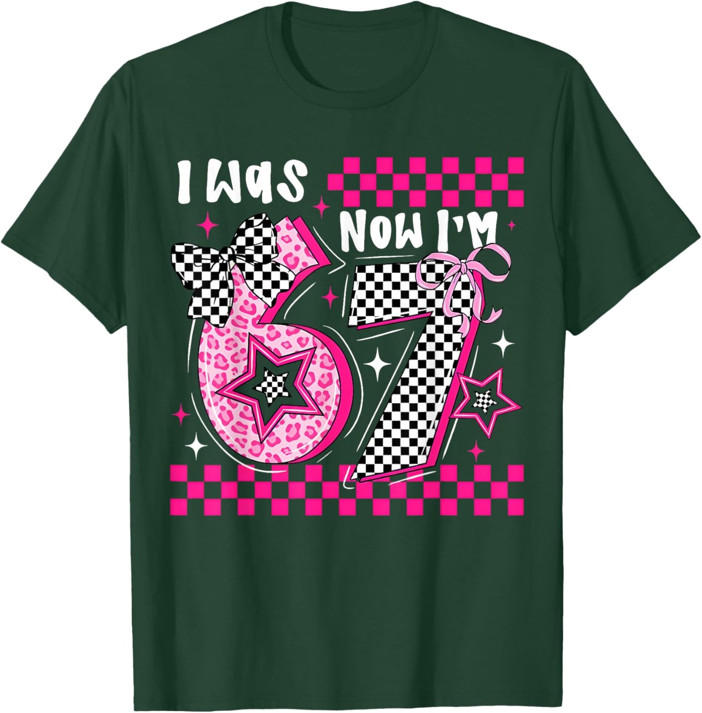Pink Checkered Leopard Bow 7th Birthday Girl was 6 Now I'm 7 T-Shirt - T-Shirt | Forest