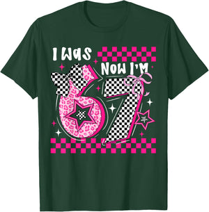 Pink Checkered Leopard Bow 7th Birthday Girl was 6 Now I'm 7 T-Shirt - T-Shirt | Forest