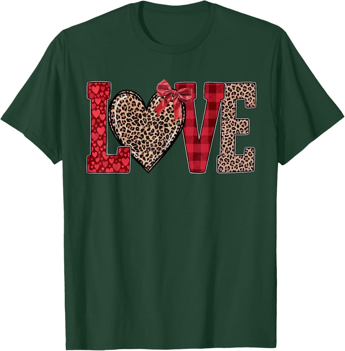 Valentines Day Hearts Leopard Coquette Bow Women Girls Boys T-Shirt - T-Shirt | Forest