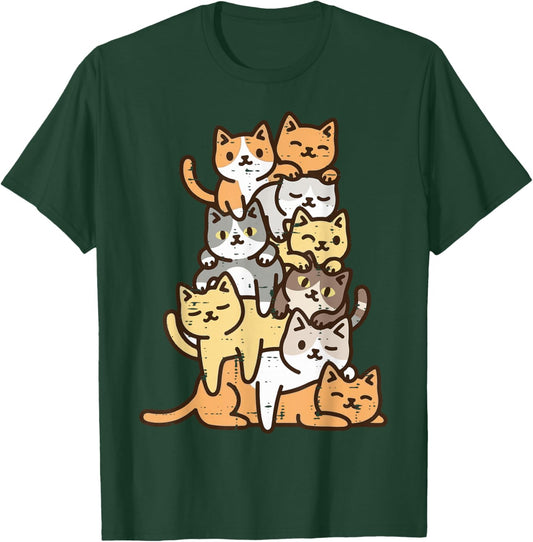 Cat Pile Kawaii Chibi Anime Kitten Kitty Women Girls Kids T-Shirt - T-Shirt | Forest