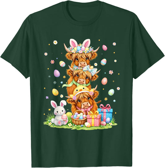 Coquette Western Highland Cow Easter Eggs Cute Bunny Cow T-Shirt - T-Shirt | Forest