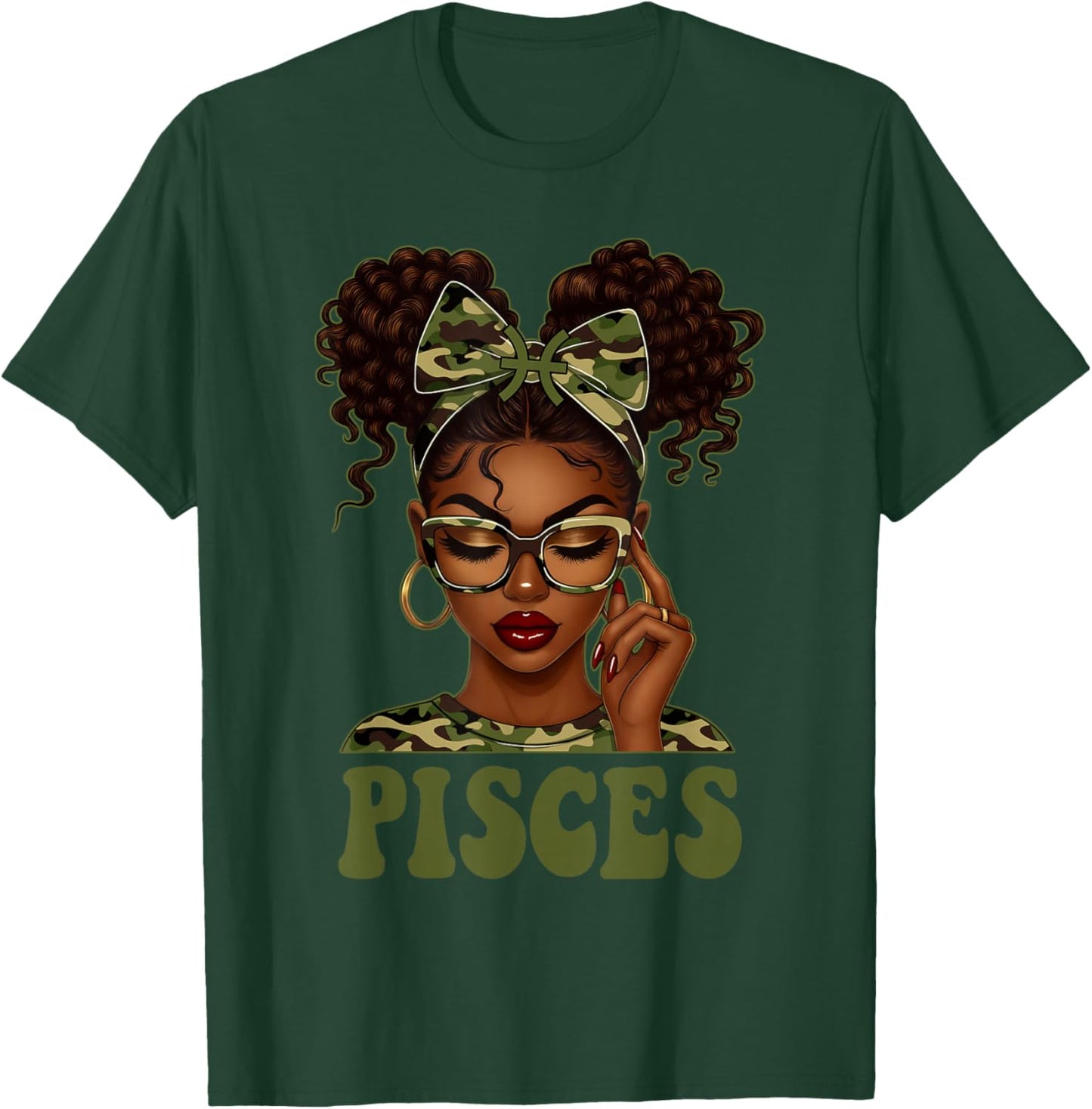 Pisces Queen Black Girl Camouflage Bow It's My Birthday T-Shirt - T-Shirt | Forest