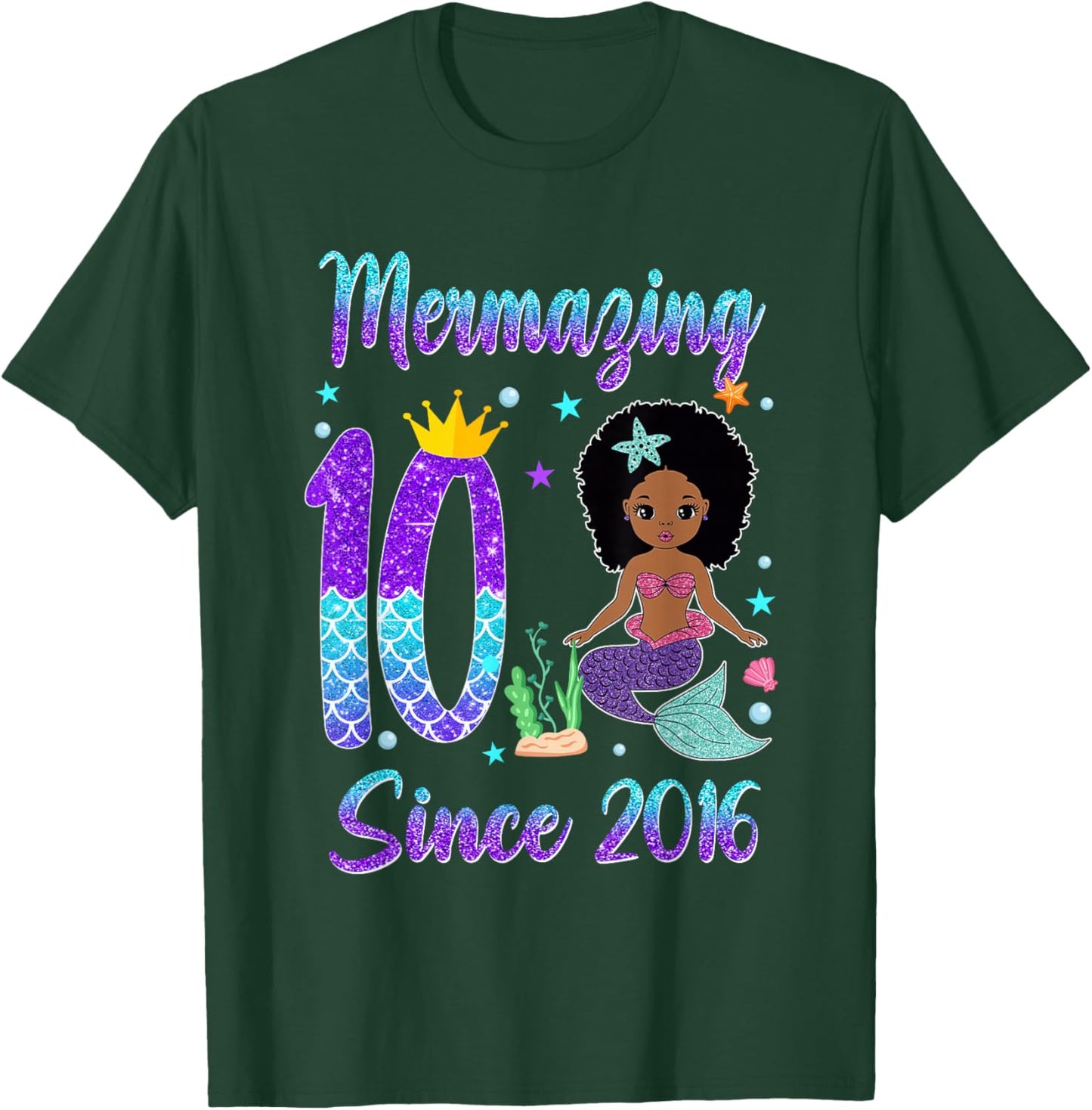 Awesome Since 2016 10 Year Old Black Mermaid Birthday T-Shirt - T-Shirt | Forest