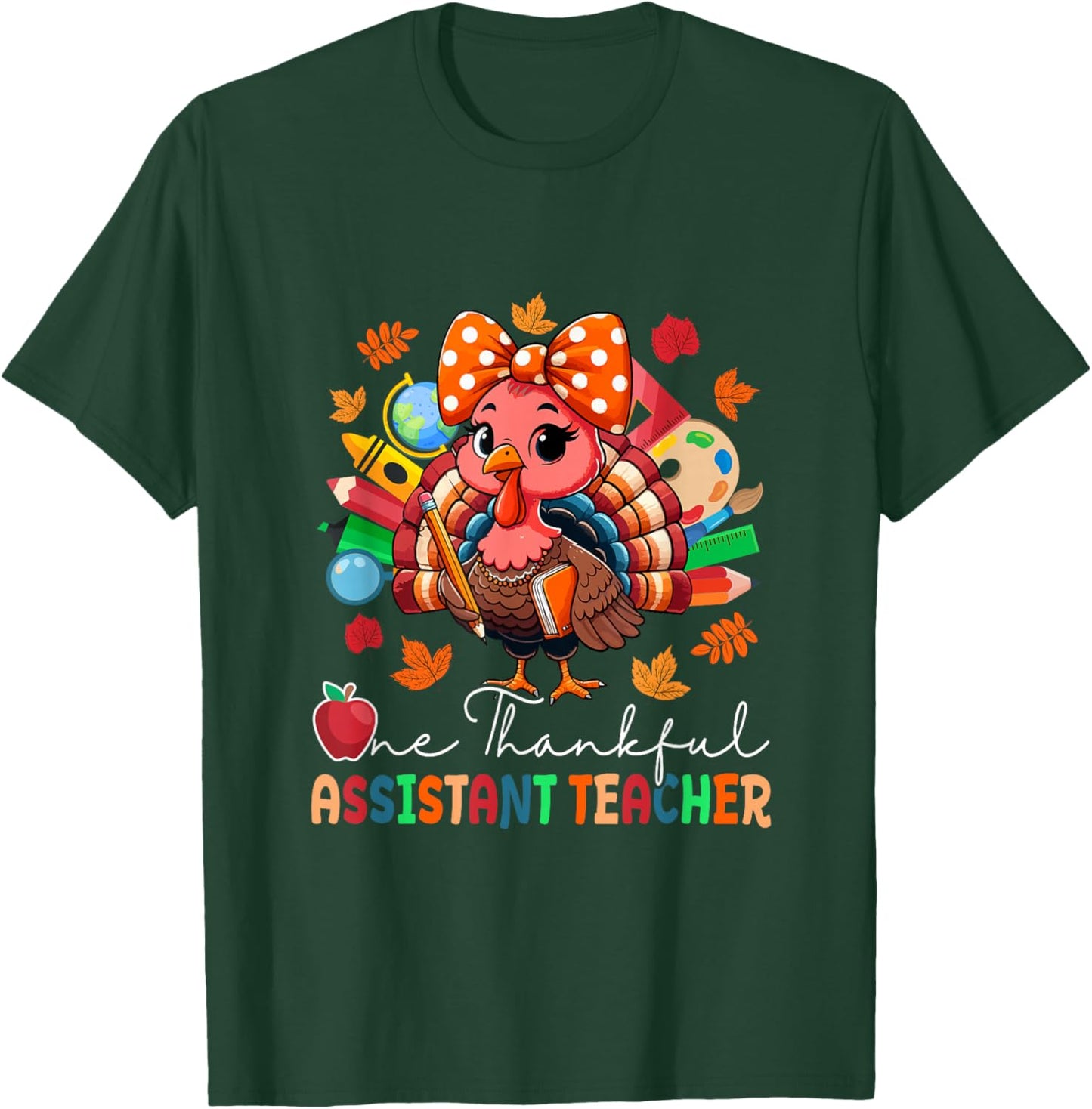 One Thankful Assistant Teacher Thanksgiving Turkey Bow Tie T-Shirt - T-Shirt | Forest