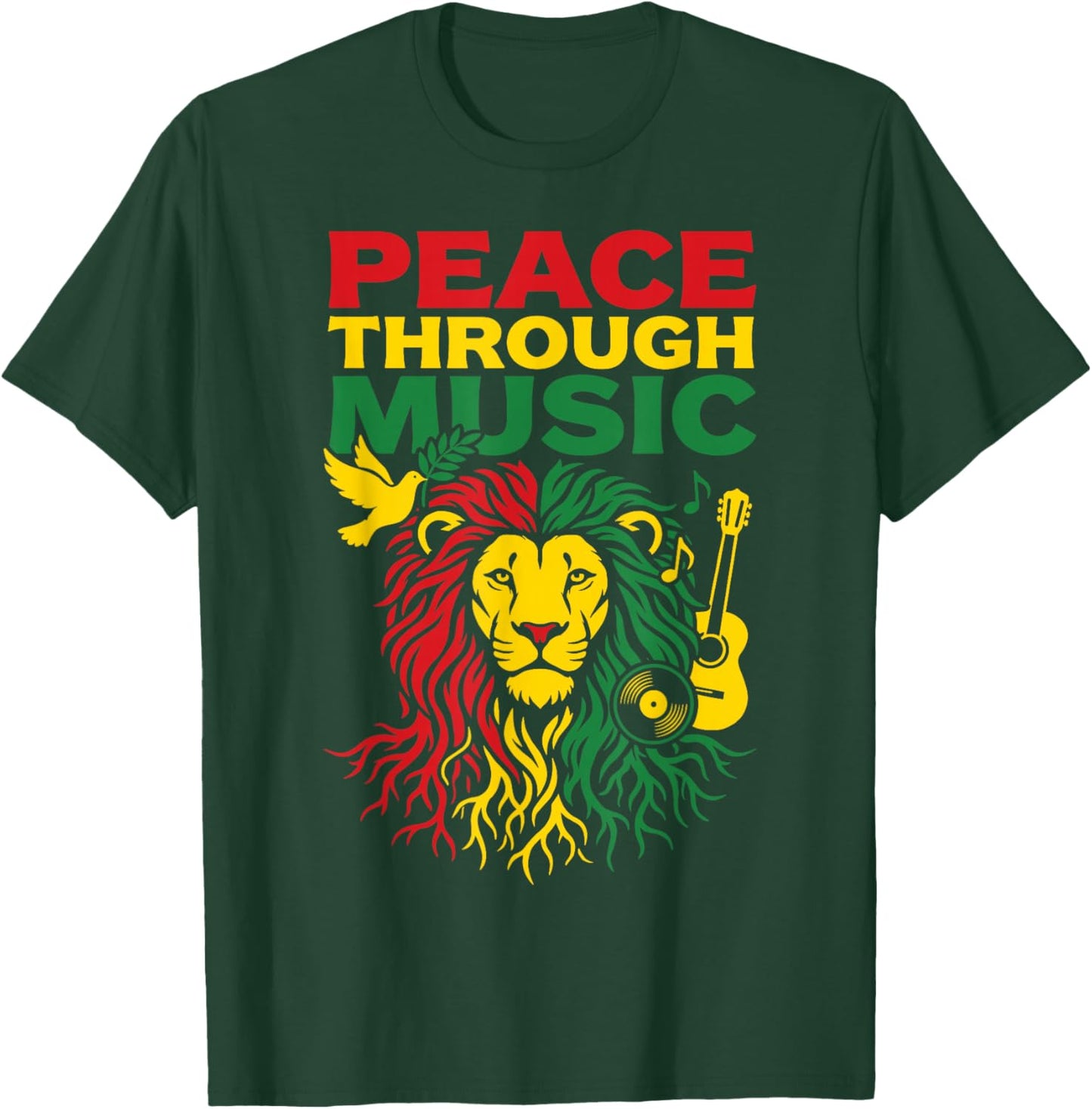 Peace Through Music Reggae Lion Rastafari Vibes Art Design T-Shirt - T-Shirt | Forest