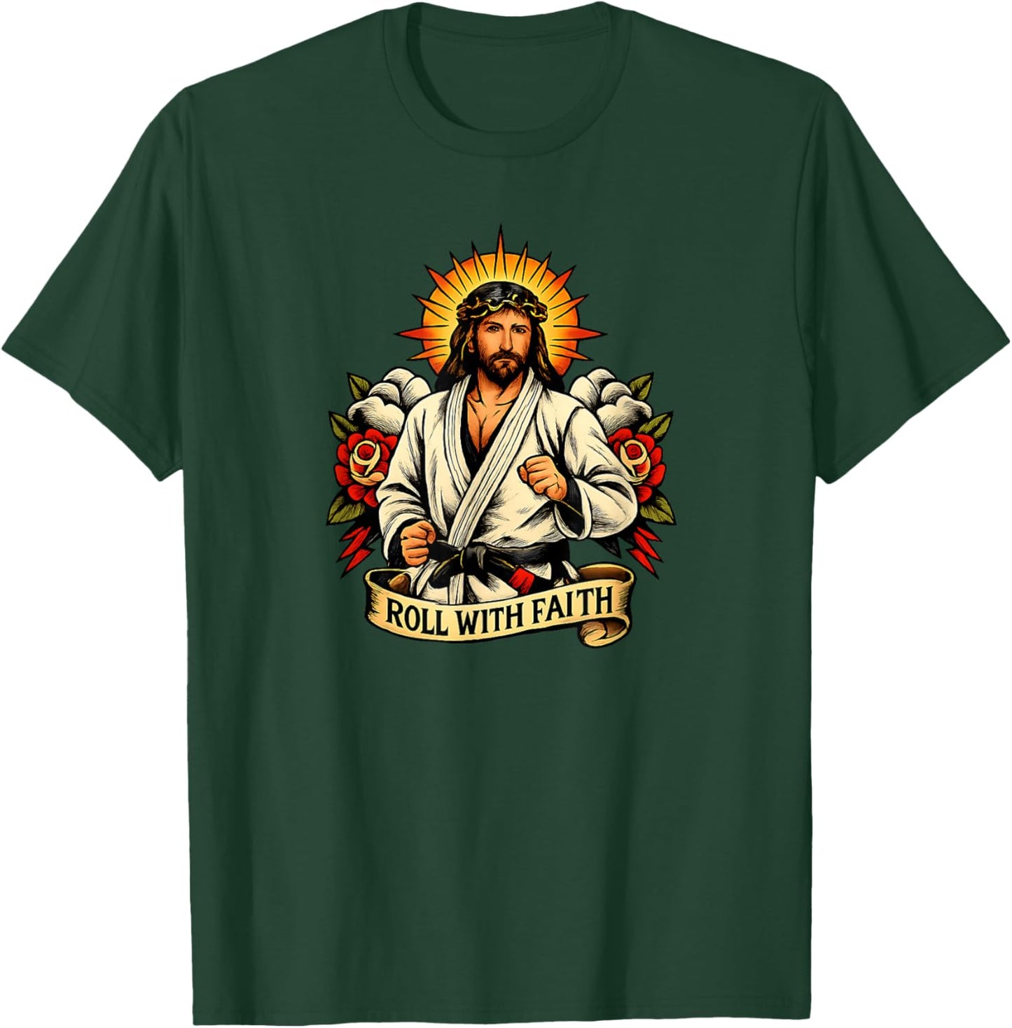 Roll with Faith Jesus Jiu Jitsu Cat BJJ MMA Christian T-Shirt - T-Shirt | Forest