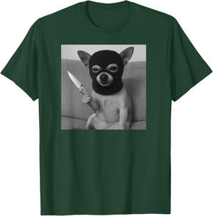 Funny Chihuahua Dog Wearing a ski mask and Holding a Knife T-Shirt - T-Shirt | Forest
