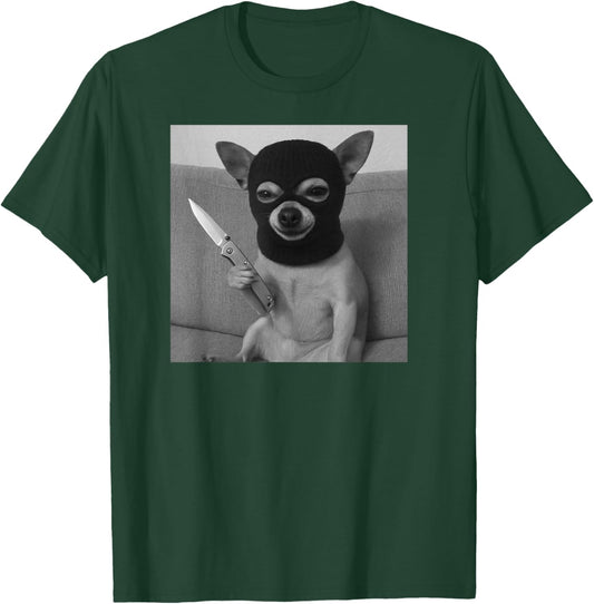 Funny Chihuahua Dog Wearing a ski mask and Holding a Knife T-Shirt - T-Shirt | Forest